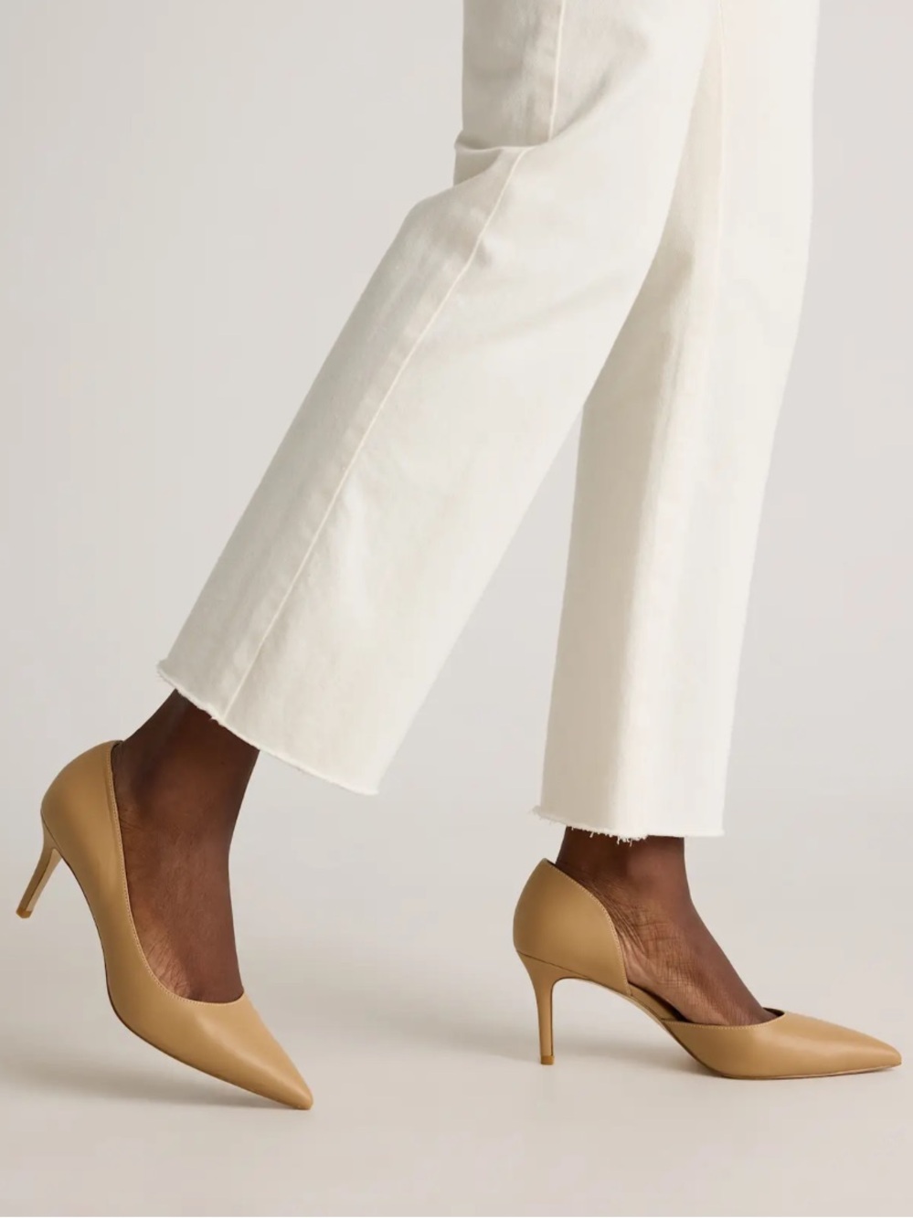 Quince Taupe Italian Leather D’Orsay PointedToe Mid Heel Pumps